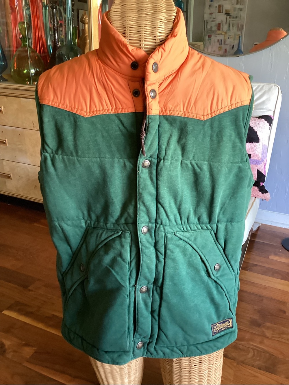 Vintage Polo Ralph Lauren Green Quilted Vest with Orange Yoke - Picture 6 of 14
